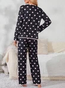 Moonlight&Mama Maternity Love Print Contrast Trim Pajama Set For Mother - Black - View 2
