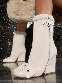 SHUZIA Women's Fashionable Personalized Zipper Chunky Heel Platform Boots - Beige - View 4