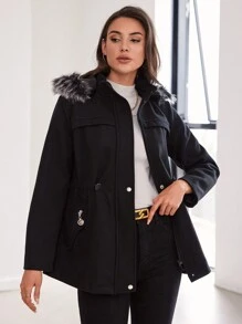 RueChic Drawstring Waist Fuzzy Trim Hooded Overcoat - Black - View 3