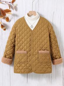SHEIN Tween Girl Winter Onion Quilting V-Neck Coat With Lining - Khaki - View 1