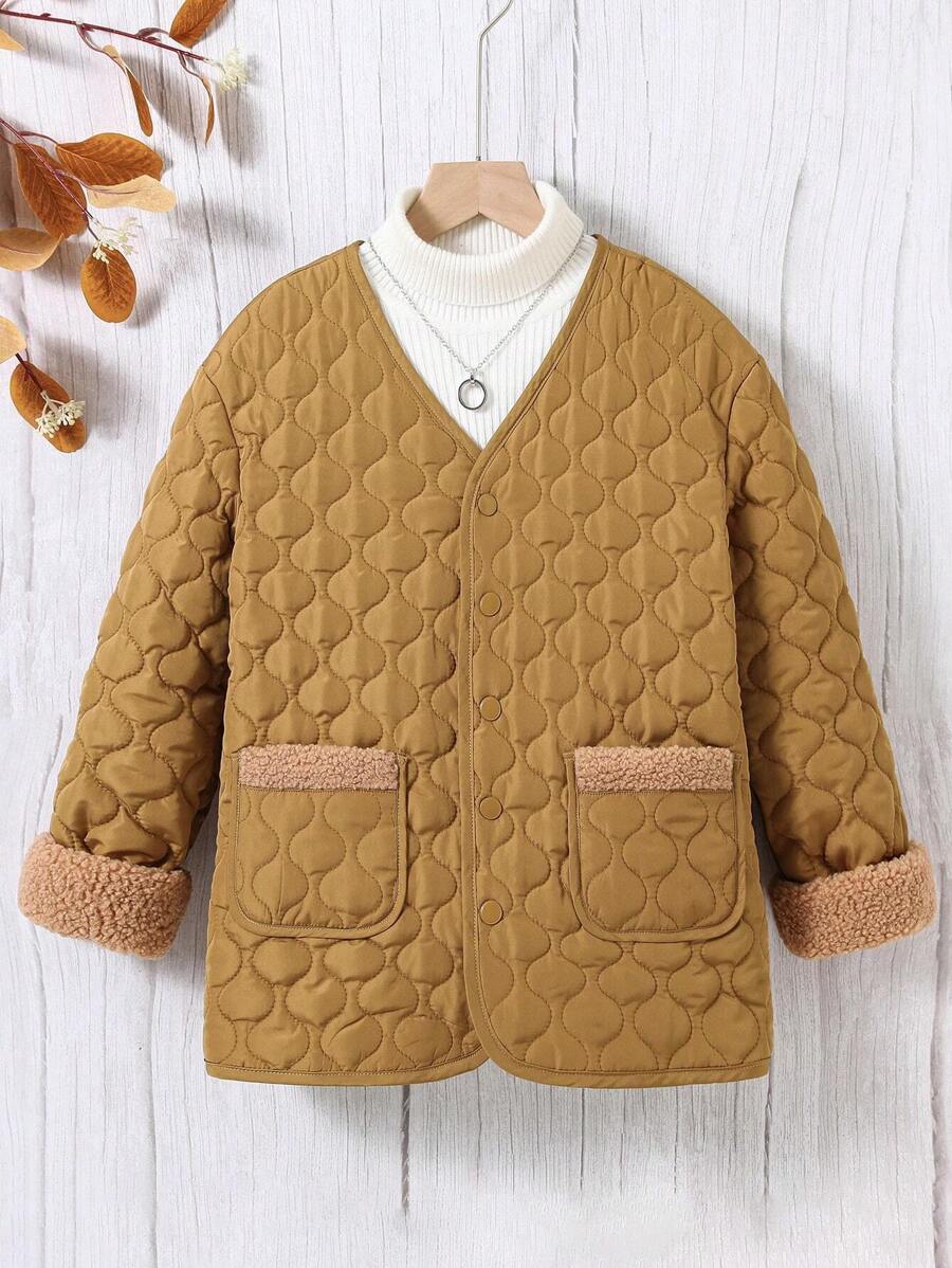 SHEIN Tween Girl Winter Onion Quilting V-Neck Coat With Lining - Khaki - View 1