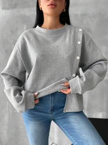 RueChic Áo nỉ vai trễ bất đối xứng cỡ lớn bằng cotton dành cho nữ - Xám - Xem 5