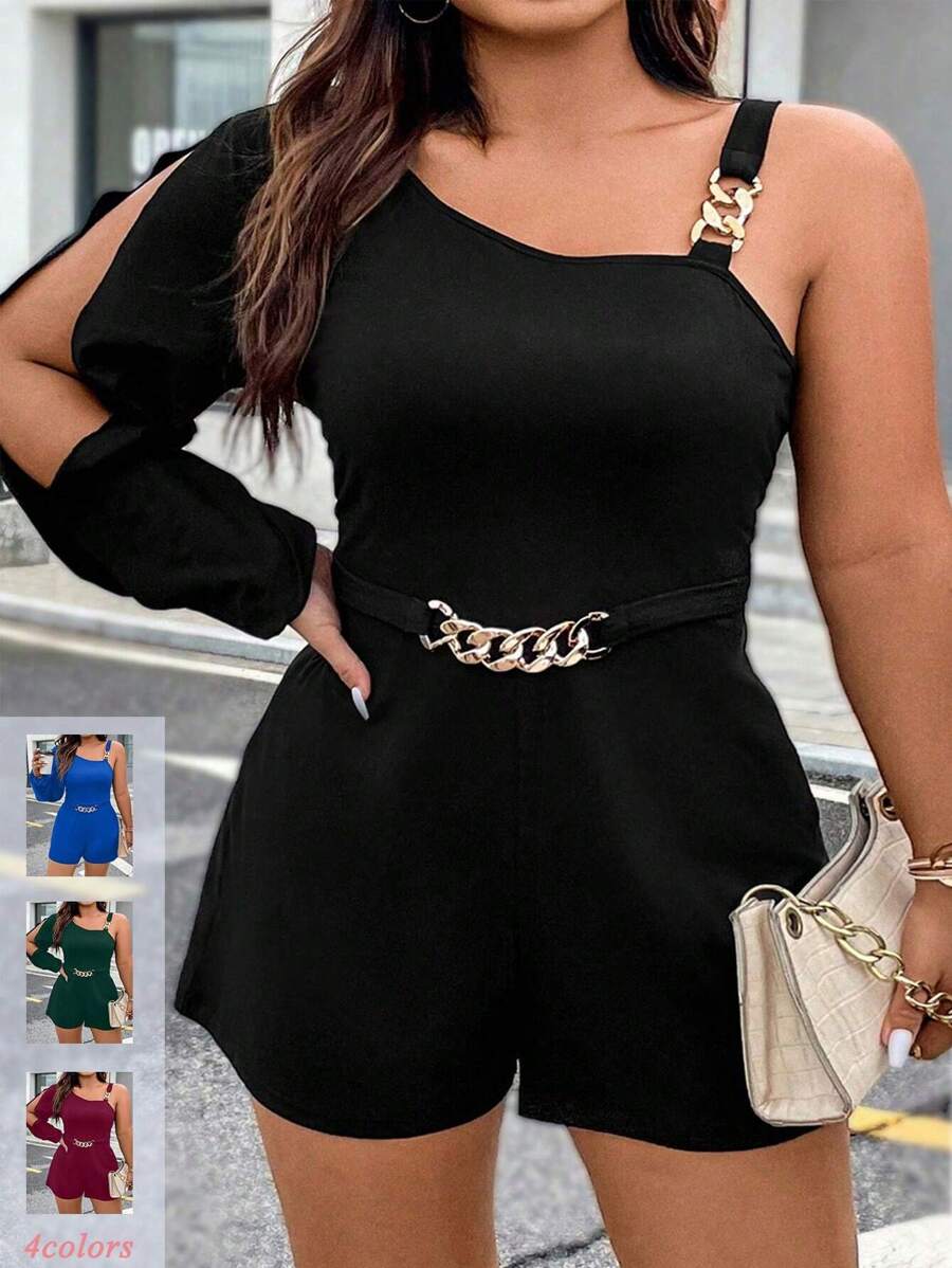 Easura 加大號鍊條裝飾不對稱領口連身褲