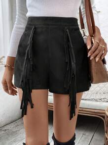 Chiquease Màu thuần Fringe Hem Quần short - màu đen - Xem 5