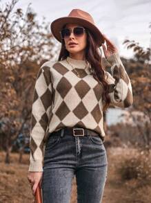SHEIN Clasi Suéter De Cuello Alto Con Estampado De Rombos Para Mujer - Multicolor - Ver 3