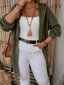 SHEIN LUNE Plus Size Front Button Hooded Cardigan - Dark Green - View 6