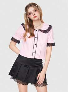 ROMWE Kawaii 女性蕾絲邊裝飾的粉紅色鈕扣前衣服 - 粉色 - 查看 6