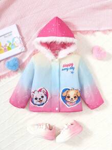 SHEIN Little Girls' Coat With Hood, Gradient Color, Cute Pattern Design, Winter