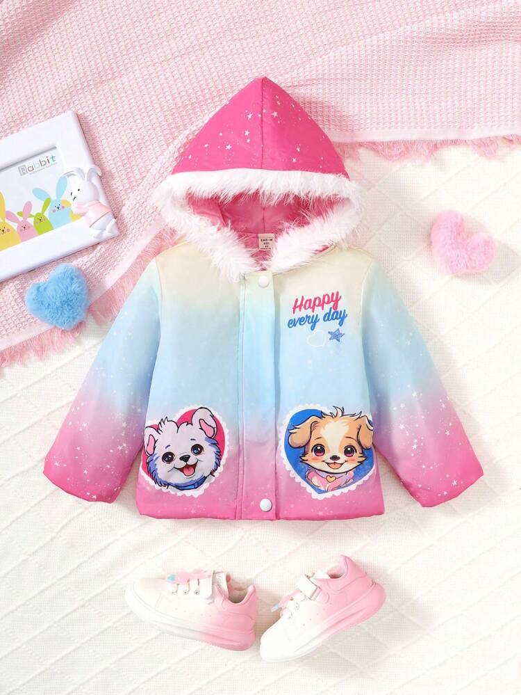 Little Girls' Coat With Hood, Gradient Color, Cute Pattern Design, Winter