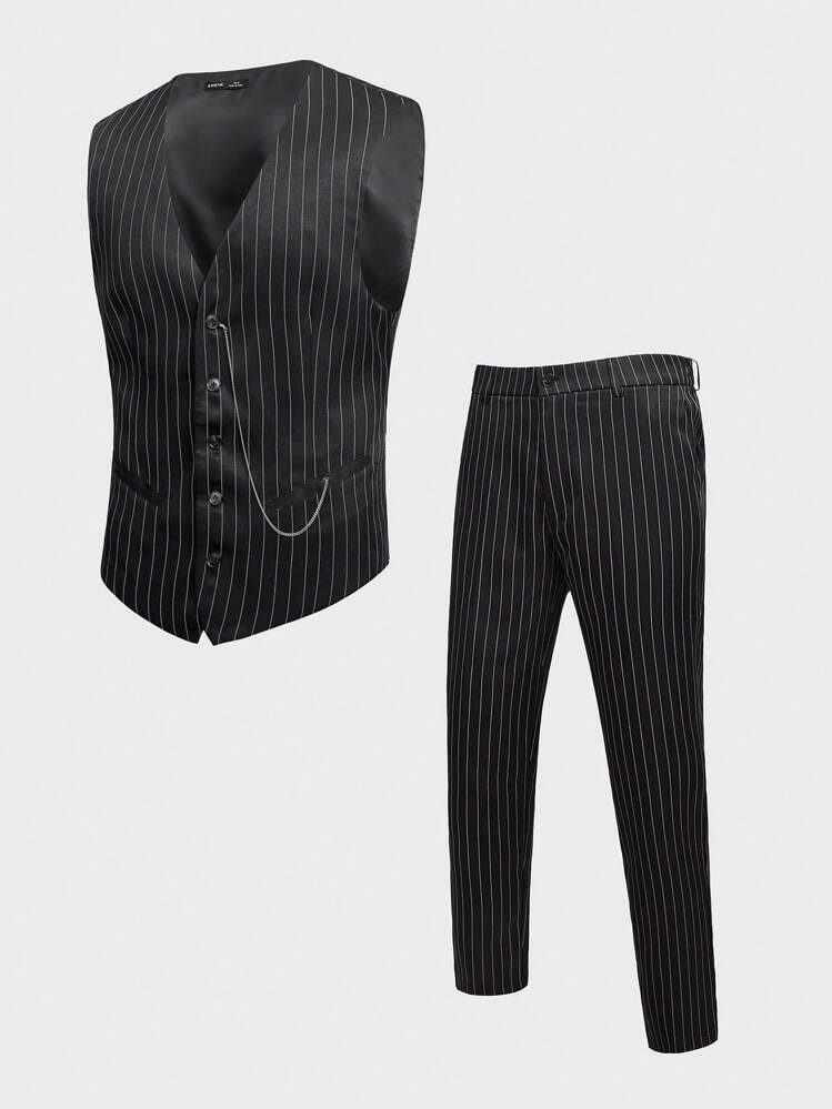 GENTILAND Men's Vertical Striped Vest And Pants Set - Black - View 1