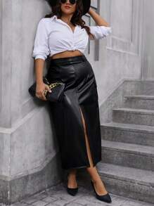 SHEIN Unity Plus Split Thigh PU Leather Skirt - Black - View 5