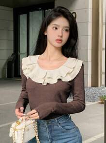 DAZY 女款露肩長袖 T 卹 - 咖啡棕 - 查看 1