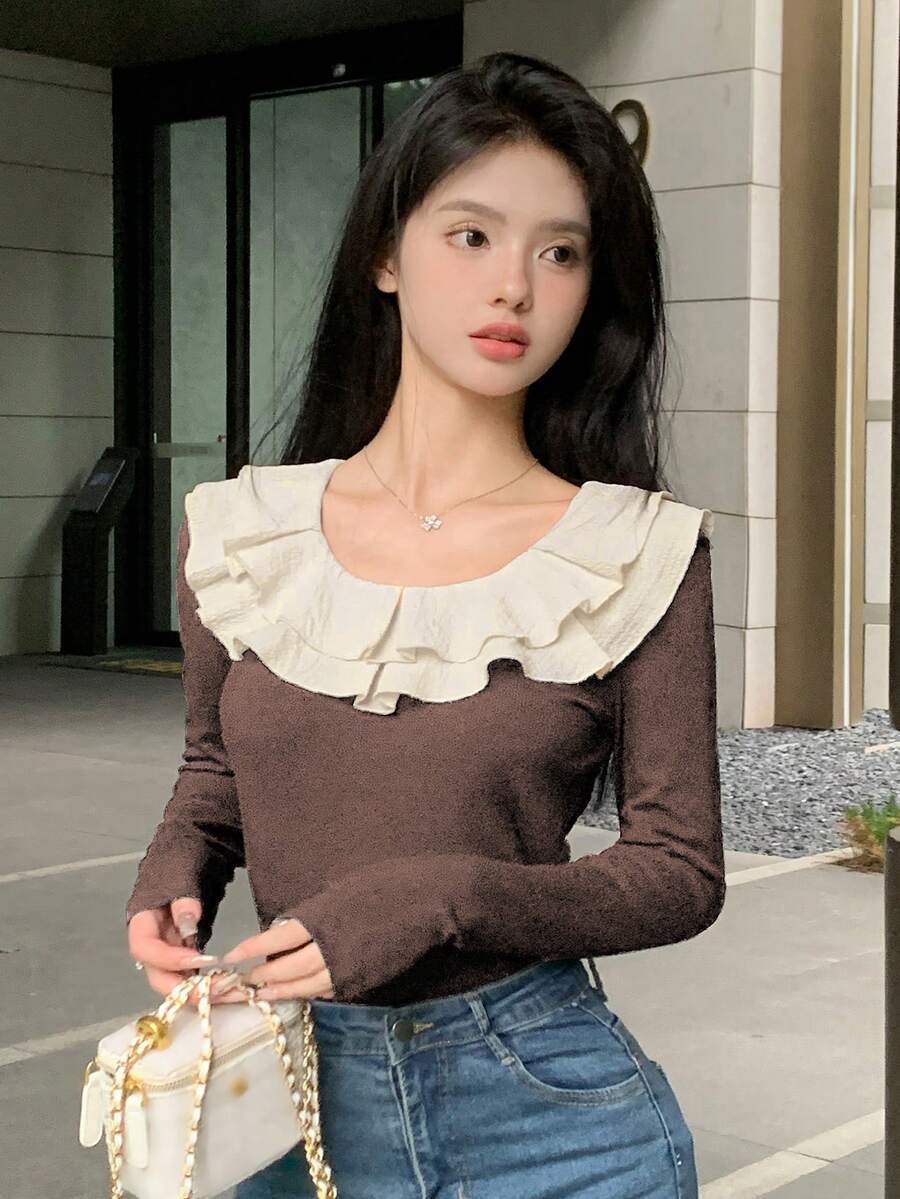 DAZY 女款露肩長袖 T 卹 - 咖啡棕 - 查看 1