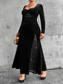 Celure Plus Size Contrast Mesh Dress - Black - View 5