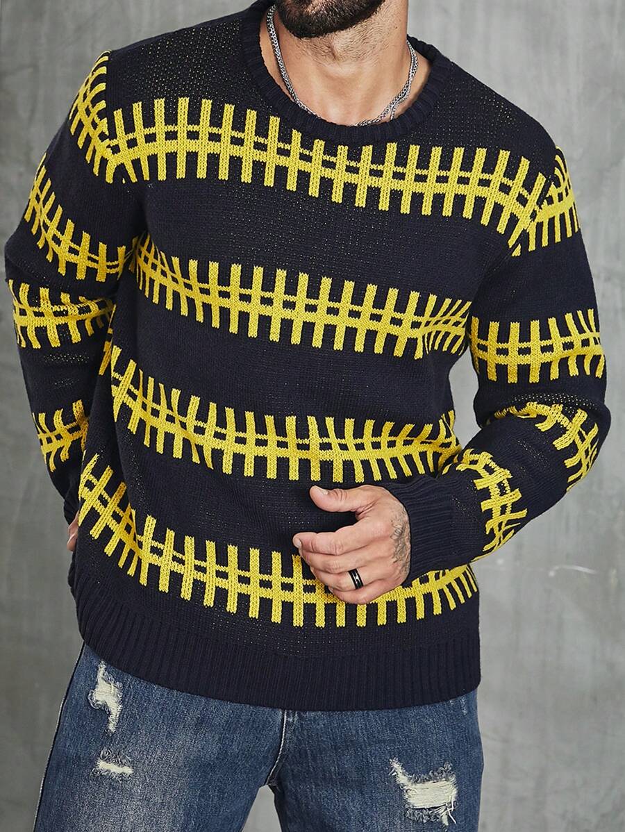 Manfinity Homme Nam Sọc In ấn Áo len - màu đen - Xem 1