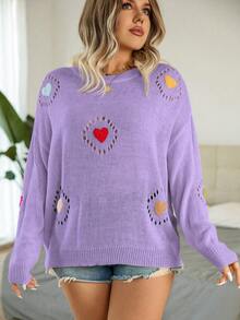 Calvaya Plus Size Heart Pattern Hollow Out Knit Slouchy Sweater - Lilac Purple - View 6