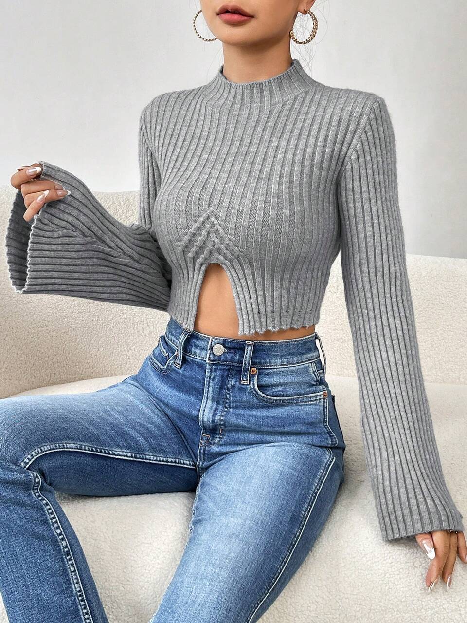 Stand Collar Flare Sleeves Short Knit Pullover Fall Winter Sweater