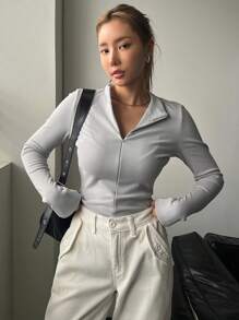 DAZY Của phụ nữ Dây kéo mặt trước Áo thun - Xám - Xem 7