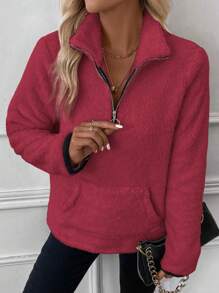 SHEIN LUNE Solid Color Kangaroo Pocket Zipper Half Open Plush Sweatshirt - Burgundy - View 5