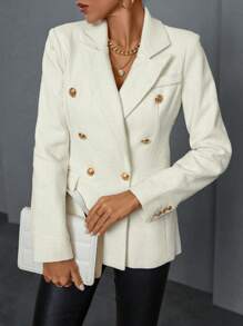 SHEIN BIZwear Chaqueta De Traje De Doble Botonadura Con Cuello De Solapa - Beis - Ver 4