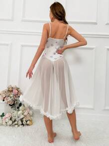 花卉圖案荷葉邊網紗吊帶睡裙,不附內褲 - 白色 - 查看 2