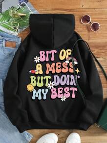 SHEIN EZwear 印有口號和卡通圖案的袋鼠口袋帶裡襯的連帽衫,保暖舒適 - 黑色 - 查看 1