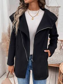 SHEIN LUNE Của phụ nữ Có khóa kéo Len Áo khoác - màu đen - Xem 3