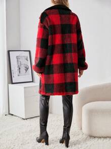 SHEIN Maternity Buffalo Plaid Pattern Drop Shoulder Teddy Coat - Red - View 2