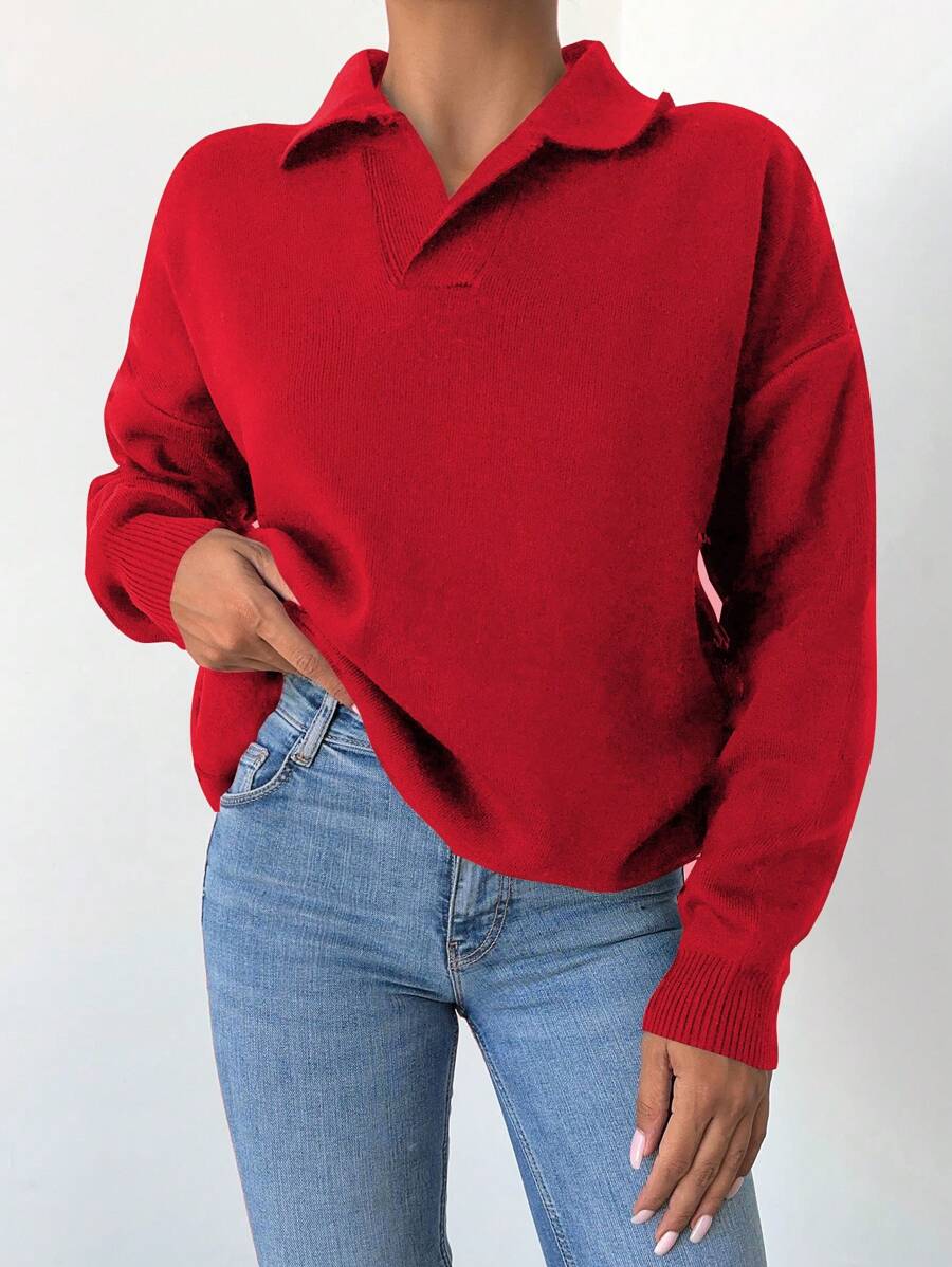 RueChic Women's Solid Color Drop Shoulder Sweater - Red - View 1