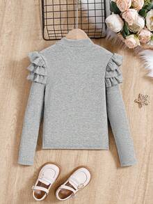 SHEIN Cô gái Tween Viền Ruffle Chi tiết Nút Áo thun - Màu Xám nhạt - Xem 2