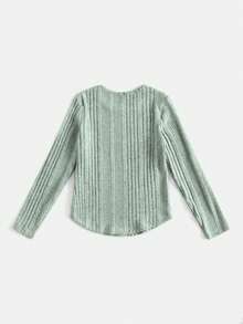 SHEIN 少女實色長袖圓領格子針織T恤，適用於秋冬季 - 薄荷綠 - 查看 2