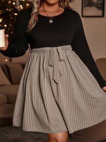 SHEIN CURVE+ Plus Self Belted Chevron Dress - Khaki - View 6