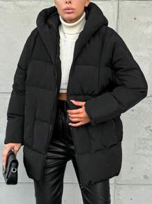 SHEIN Cottnline Solid Color Casual Hooded Padded Jacket - Black - View 6