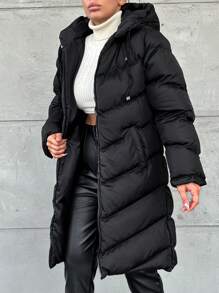 EURMUSE Solid Color Drawstring Hooded Zipper Decor Casual Padded Jacket - Black - View 3
