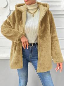 EURMUSE Zipper Hooded Fuzzy Coat - Camel - View 1