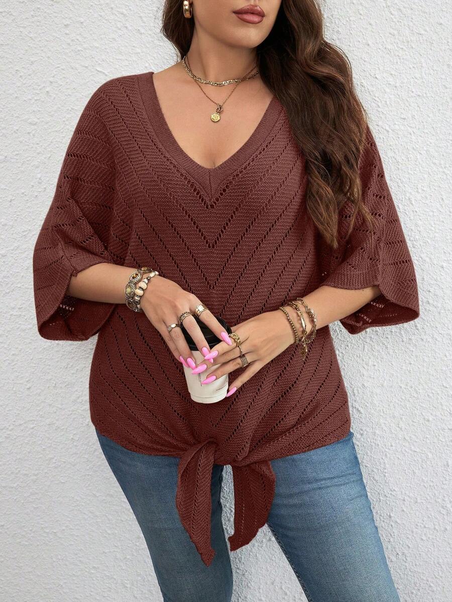 SHEIN LUNE Jersey De Talla Grande Con Estampado De Logotipo Y De Cuello Vuelto - Color caoba - Ver 1