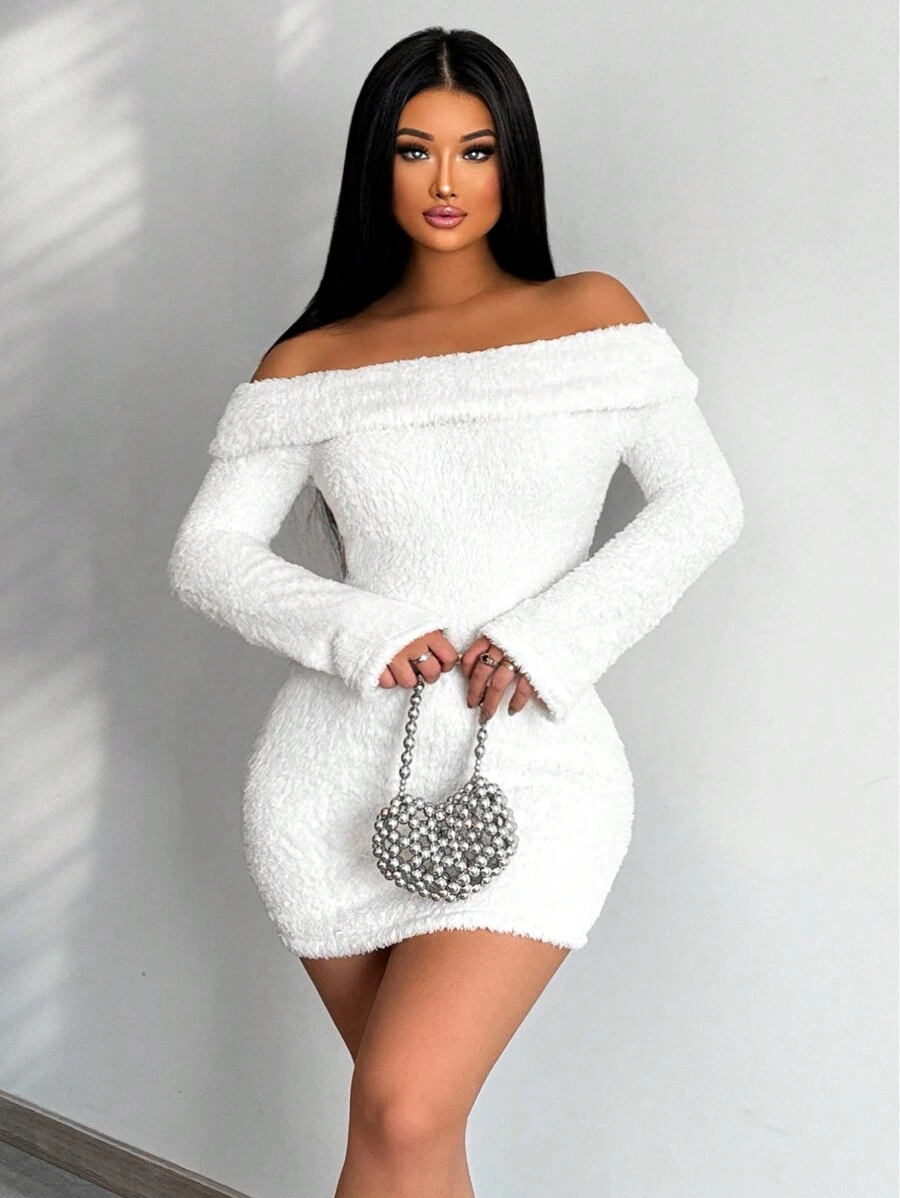 SHEIN SXY 露肩翻领紧身连衣裙 - 白色 - 查看 1