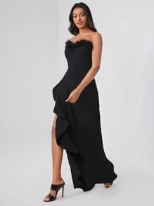 TIYA Designer Fuzzy Trim Split Thigh Tube Elegant Dress, For Holiday - Black - View 4