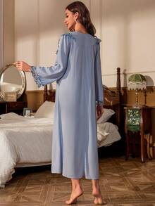 花卉刺繡荷葉邊睡裙 - 藍色 - 查看 2