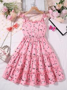 SHEIN Cô gái Tween Hoa In Viền trang trí Đầm - Hồng - Xem 1