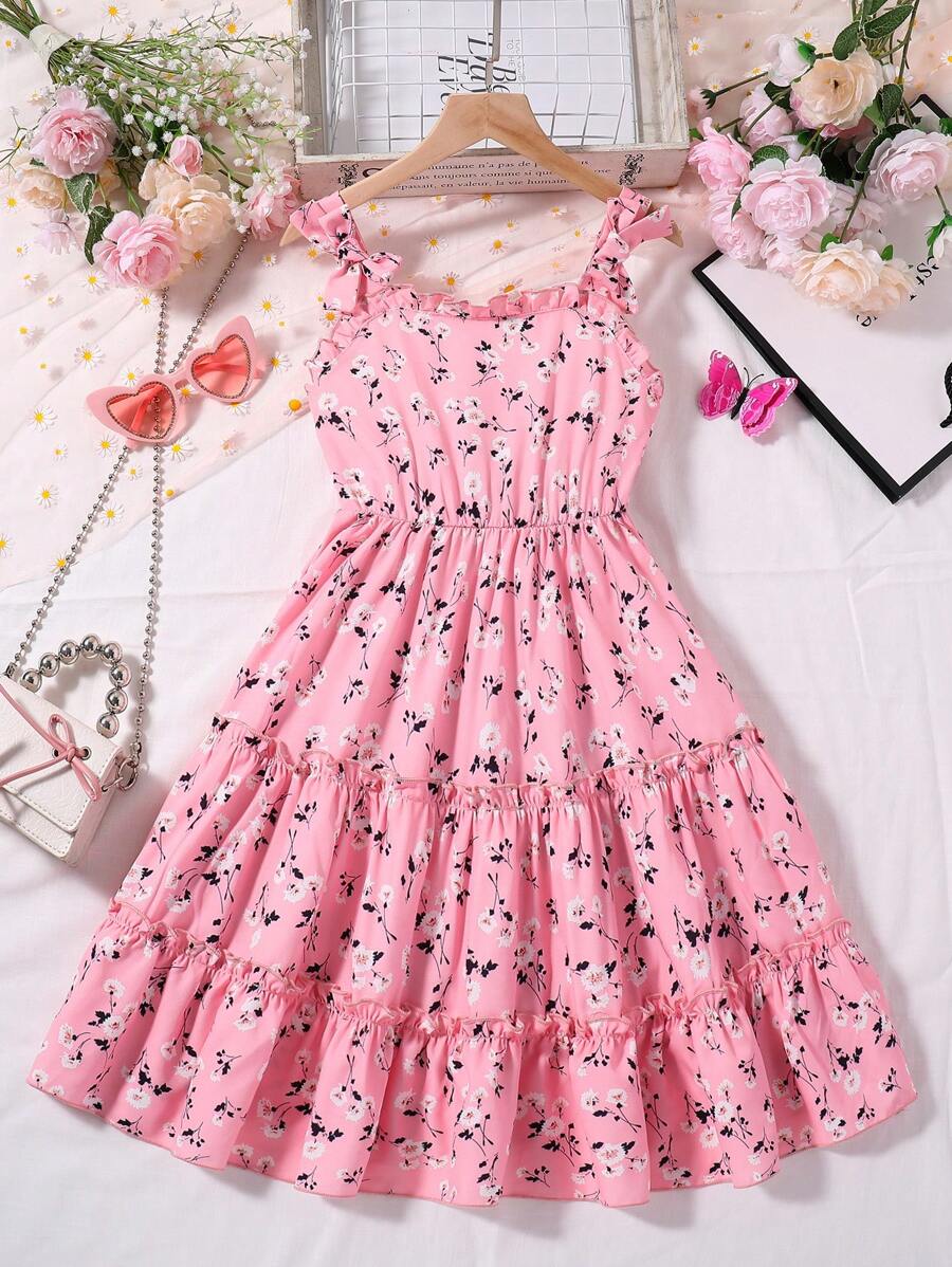 SHEIN Cô gái Tween Hoa In Viền trang trí Đầm - Hồng - Xem 1