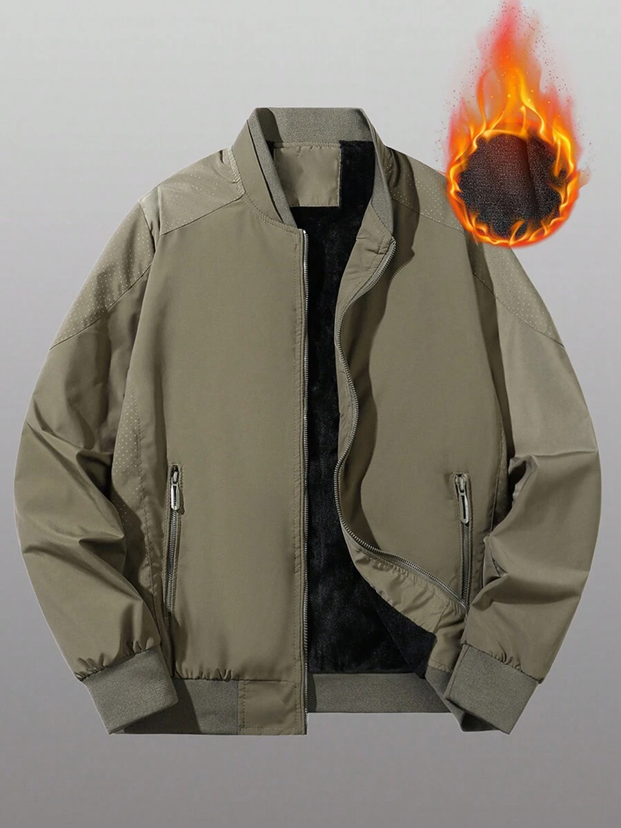 Men Zip Up Thermal Lined Bomber Jacket - Coffee Brown - View 1