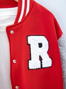 SHEIN Chaqueta Estilo Béisbol Para Niñas Entre 8 Y 12 Años, Con Bloques De Color Rojo Y Gris Y Mangas De Peluche - Rojo - Ver 4