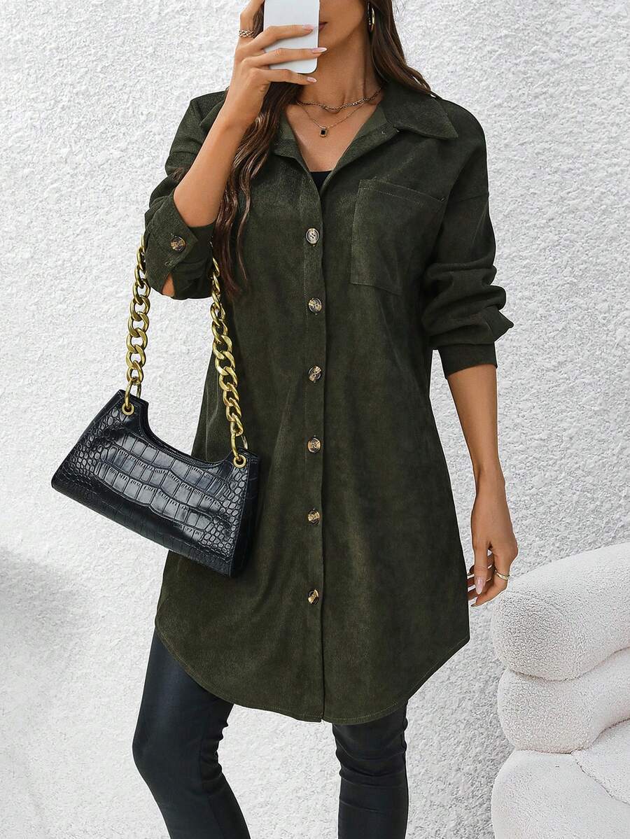 SHEIN LUNE Women's Single-breasted Button Shirt Dress - Army Green - View 1