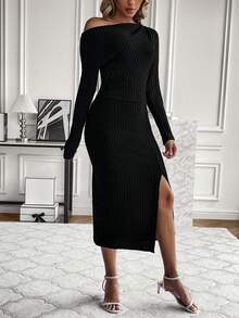 Chiquease Asymmetrical Neck Split Thigh Dress - Black - View 4