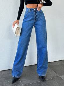 EURMUSE 高腰直腳牛仔褲,具有洗滌效果 - 中等水洗藍 - 查看 4