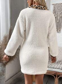 Chiquease 女士豹紋拼接翻領下肩燈籠袖連衣裙 - 白色 - 查看 2