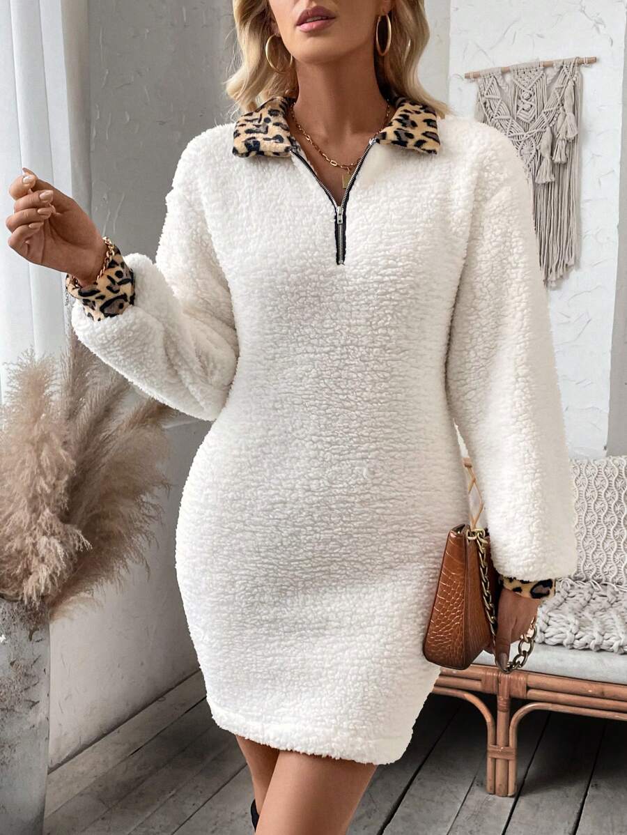 Chiquease 女士豹紋拼接翻領下肩燈籠袖連衣裙 - 白色 - 查看 1