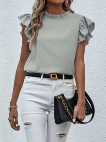 Breezaya 素色短袖襯衫配褶邊設計 - 灰色 - 查看 3