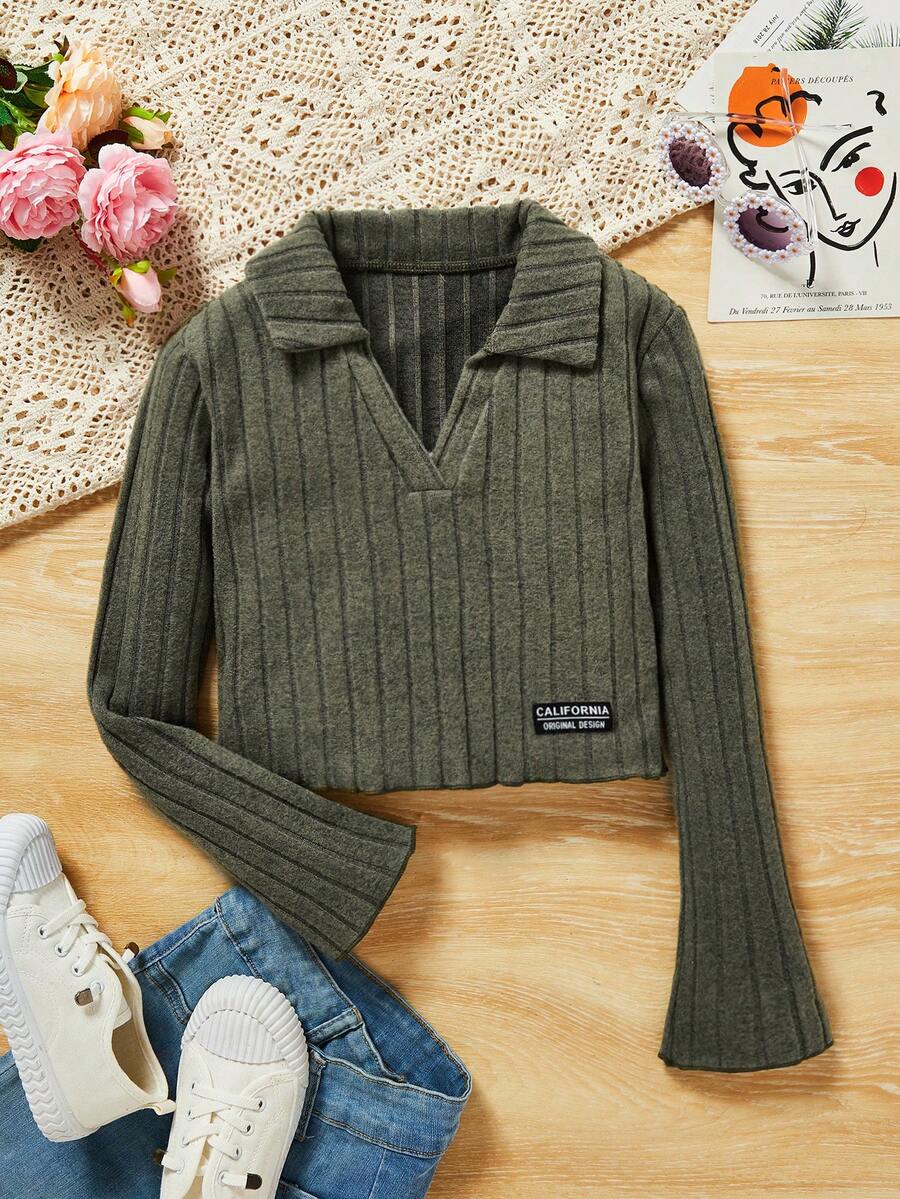 SHEIN 大女孩v領截短舒適麻坑布料休閒長袖綠色t卹